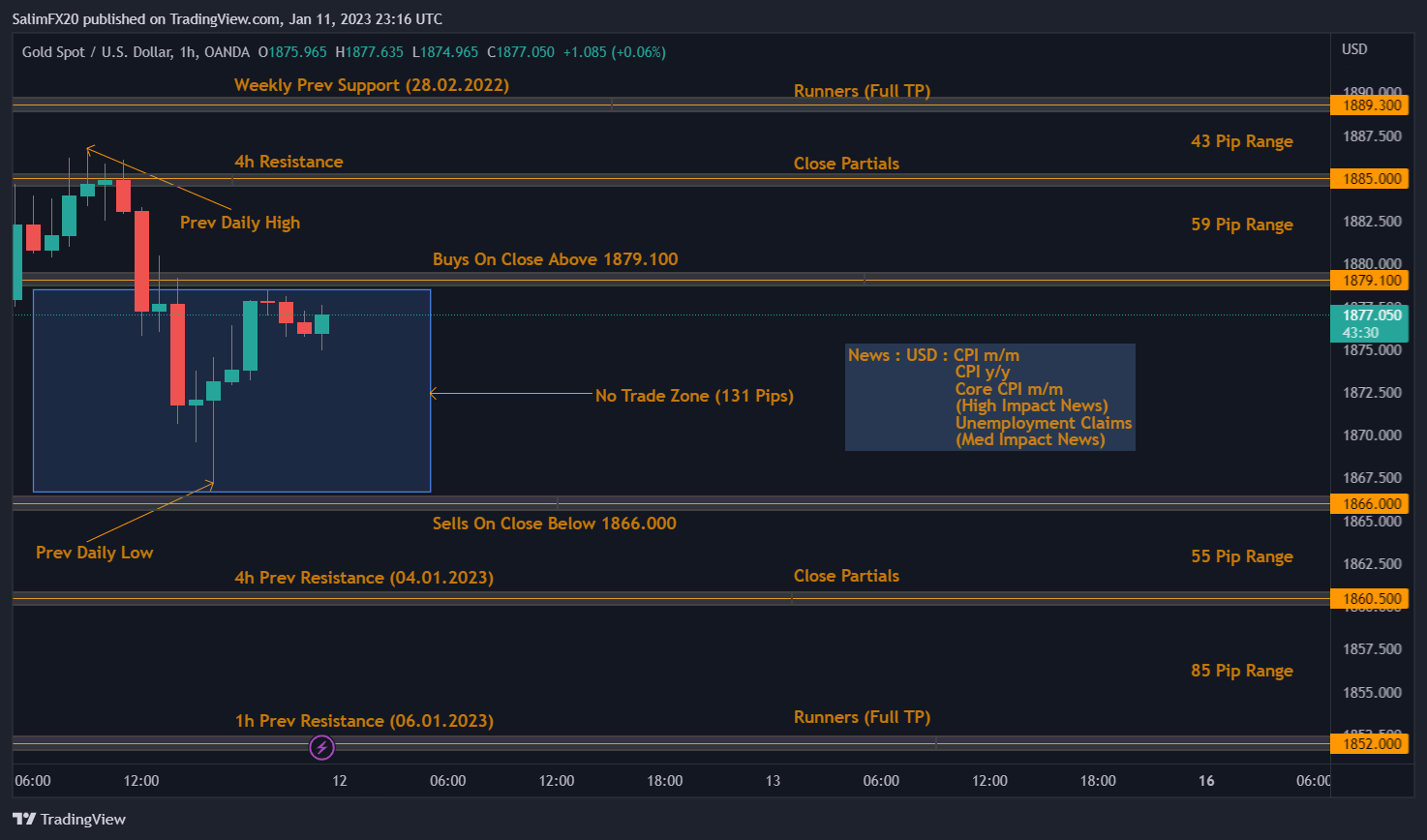XAUUSD Technical Analysis 12.01.2023 1h chart