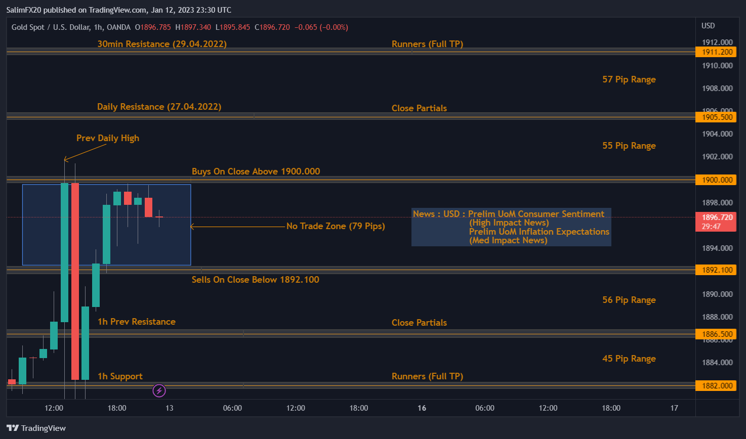 XAUUSD Technical Analysis 13.01.2023 1h chart