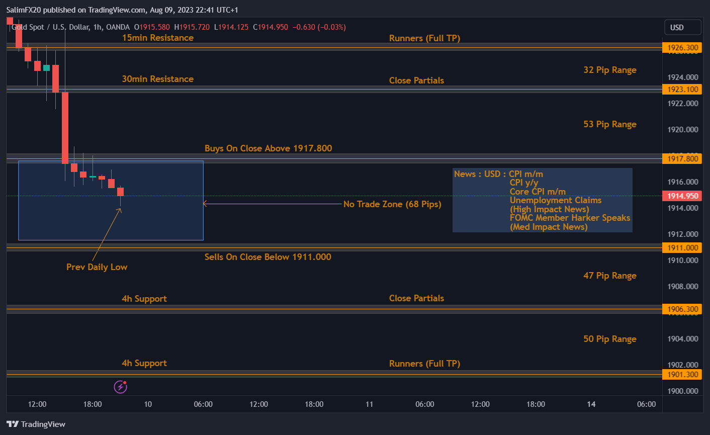 XAUUSD Technical Analysis 10.08.2023 1h chart