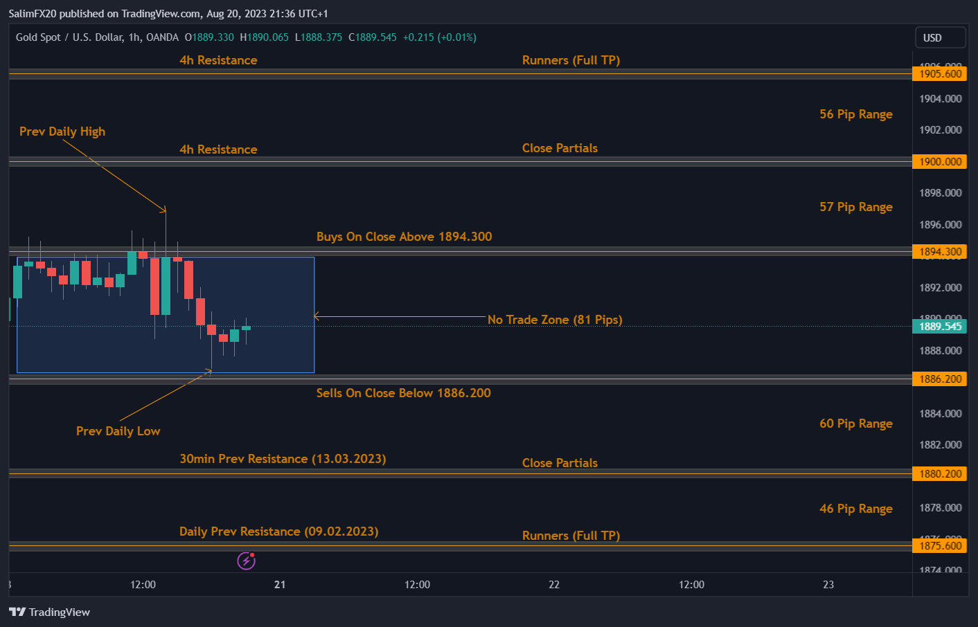 XAUUSD Technical Analysis 21.08.2023 1h chart