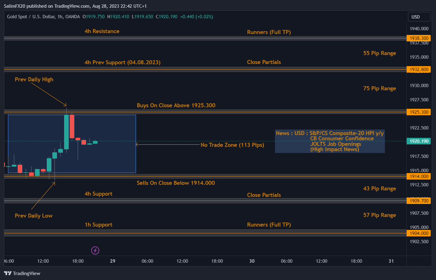XAUUSD Technical Analysis 29.08.2023 1h chart