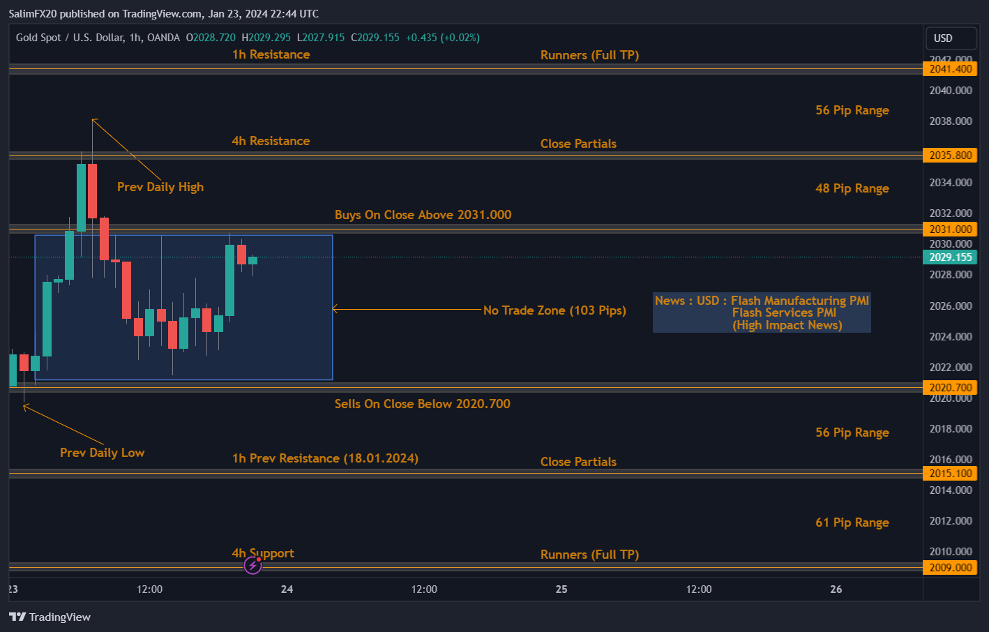 XAUUSD Technical Analysis 24.01.2024 1h chart